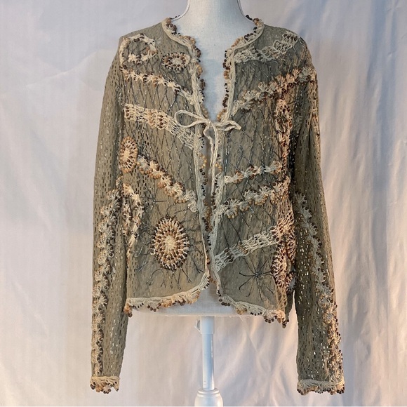 Jessica London Sweaters - Jessica London Boho Beaded Cardigan Tan & Brown Long Sleeves Cotton Tie Front XL